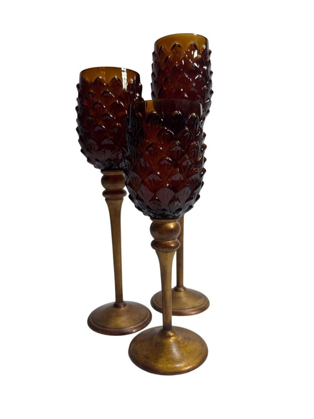 Amber Goblet Style Glass & Gold Candle Holders Set 3 Textured 15.5 13.5 11.5